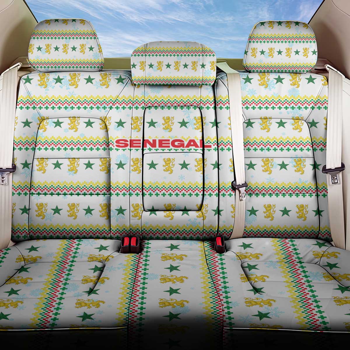 Senegal Christmas Back Car Seat Cover with White-Green-Yellow Design, Golden Lion, and Festive Stars Motif - Wonder Print Shop