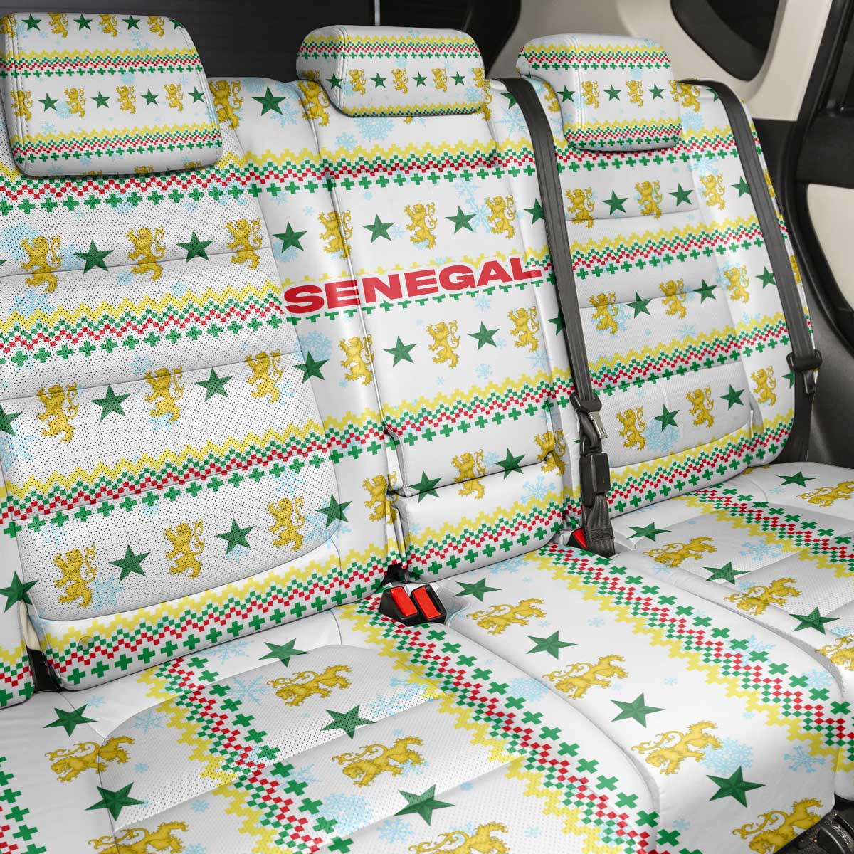 Senegal Christmas Back Car Seat Cover with White-Green-Yellow Design, Golden Lion, and Festive Stars Motif - Wonder Print Shop