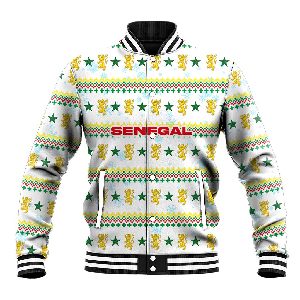 Senegal Christmas Baseball Jacket with White-Green-Yellow Design, Golden Lion, and Festive Stars Motif - Wonder Print Shop