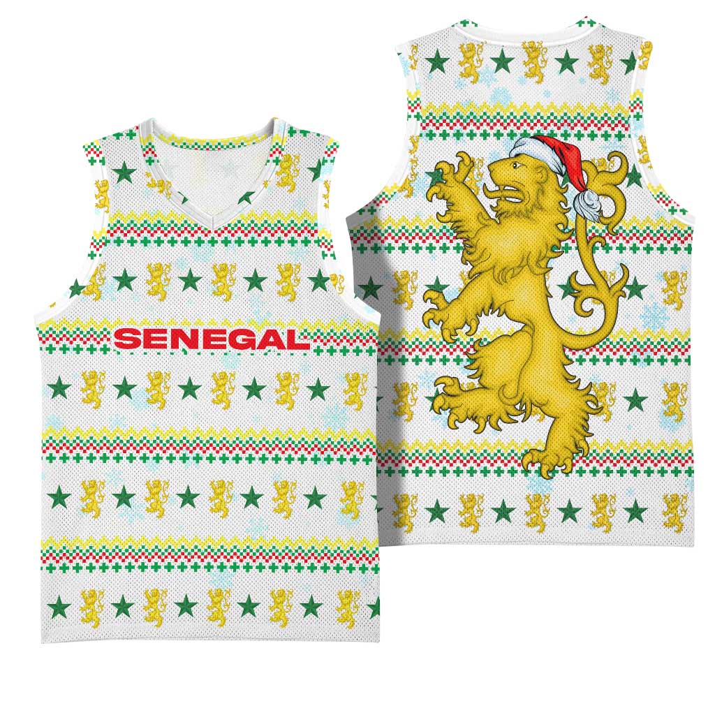 Senegal Christmas Basketball Jersey with White-Green-Yellow Design, Golden Lion, and Festive Stars Motif - Wonder Print Shop