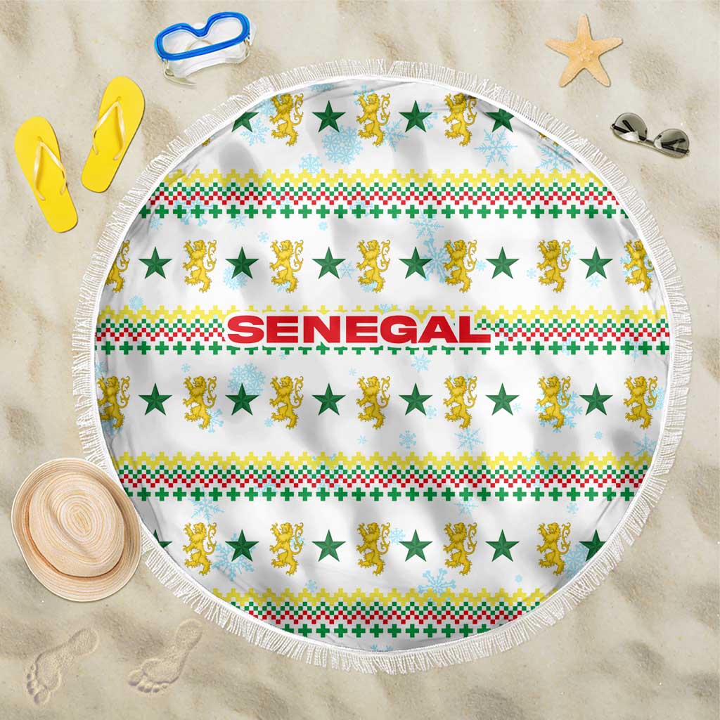 Senegal Christmas Beach Blanket with White-Green-Yellow Design, Golden Lion, and Festive Stars Motif - Wonder Print Shop