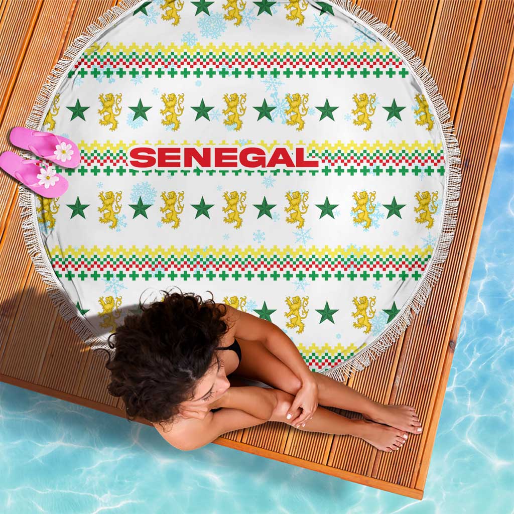 Senegal Christmas Beach Blanket with White-Green-Yellow Design, Golden Lion, and Festive Stars Motif - Wonder Print Shop