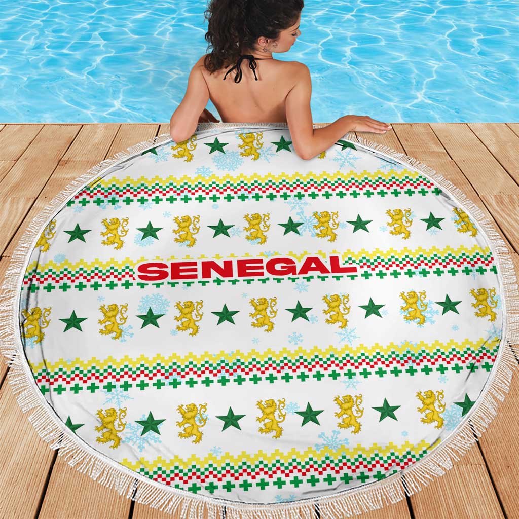 Senegal Christmas Beach Blanket with White-Green-Yellow Design, Golden Lion, and Festive Stars Motif - Wonder Print Shop