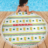 Senegal Christmas Beach Blanket with White-Green-Yellow Design, Golden Lion, and Festive Stars Motif - Wonder Print Shop