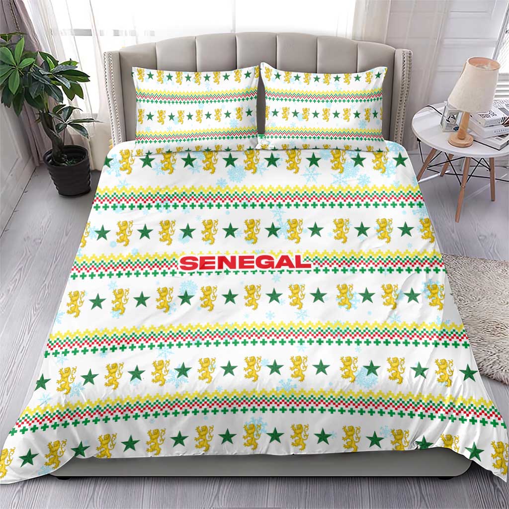 Senegal Christmas Bedding Set with White-Green-Yellow Design, Golden Lion, and Festive Stars Motif - Wonder Print Shop