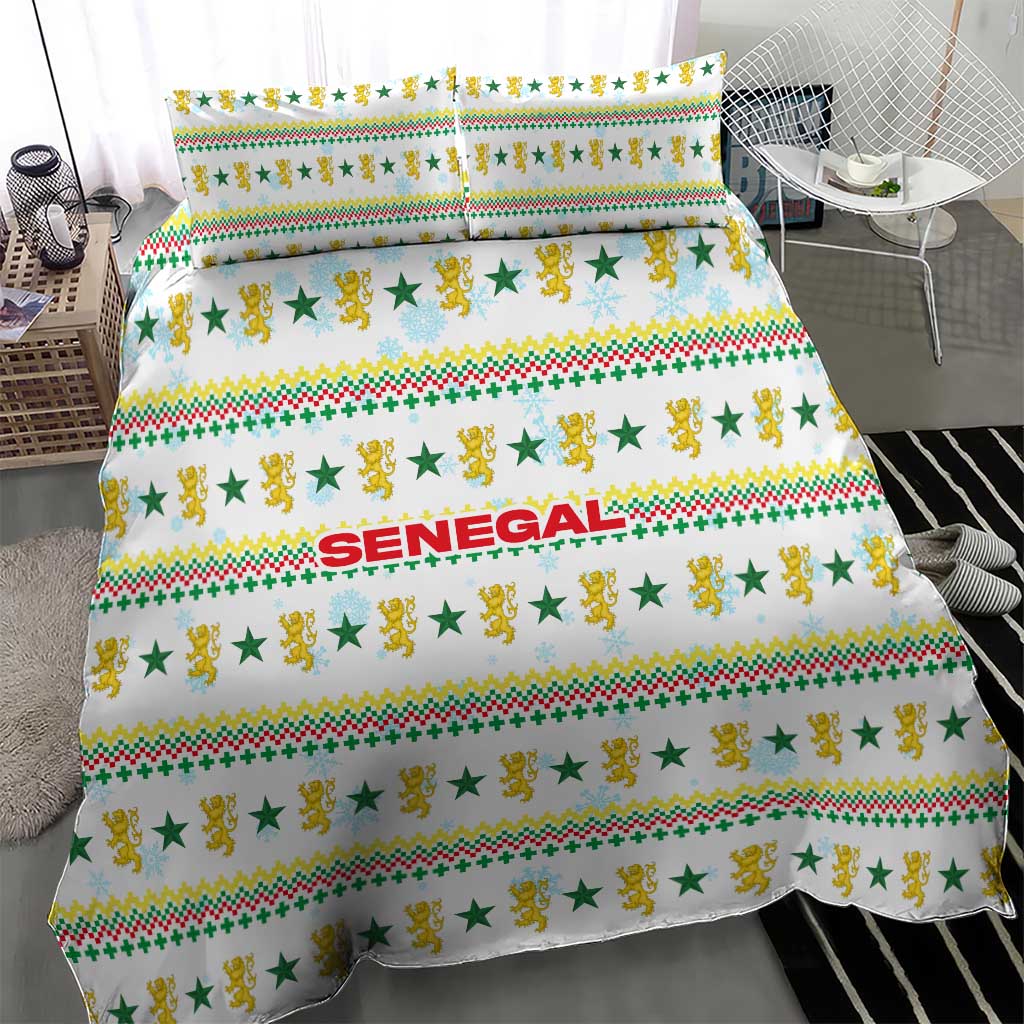 Senegal Christmas Bedding Set with White-Green-Yellow Design, Golden Lion, and Festive Stars Motif - Wonder Print Shop