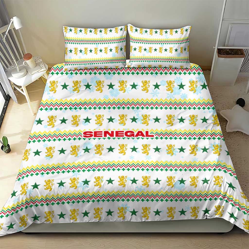 Senegal Christmas Bedding Set with White-Green-Yellow Design, Golden Lion, and Festive Stars Motif - Wonder Print Shop