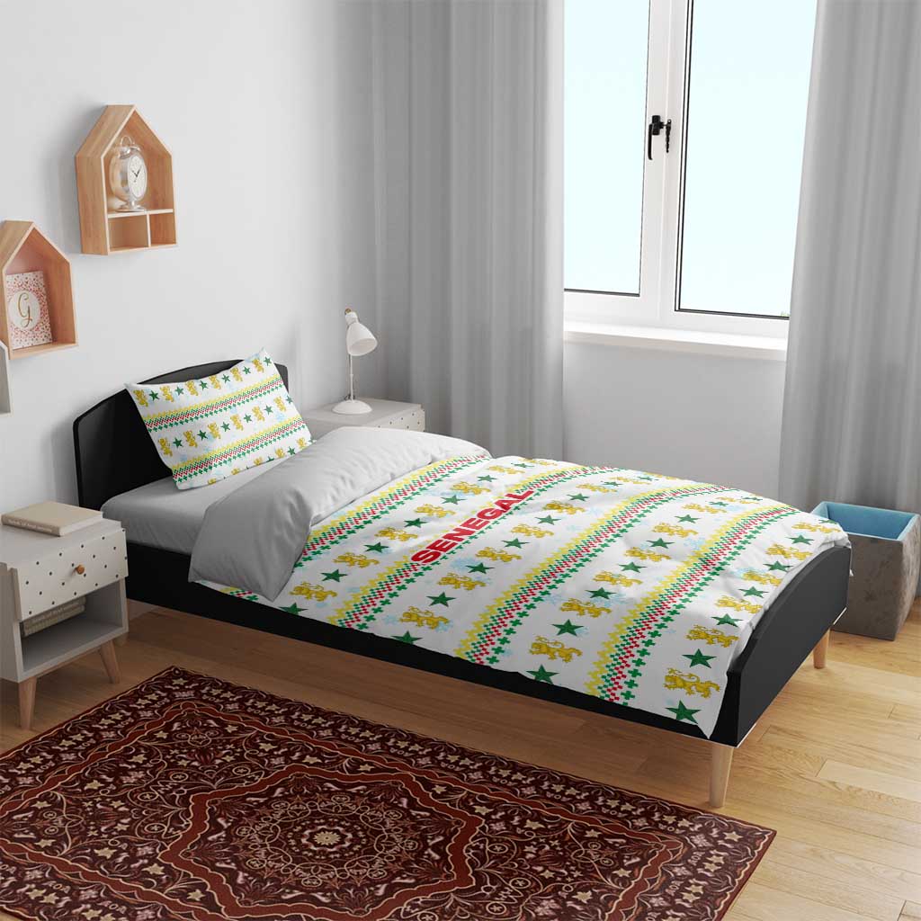 Senegal Christmas Bedding Set with White-Green-Yellow Design, Golden Lion, and Festive Stars Motif - Wonder Print Shop