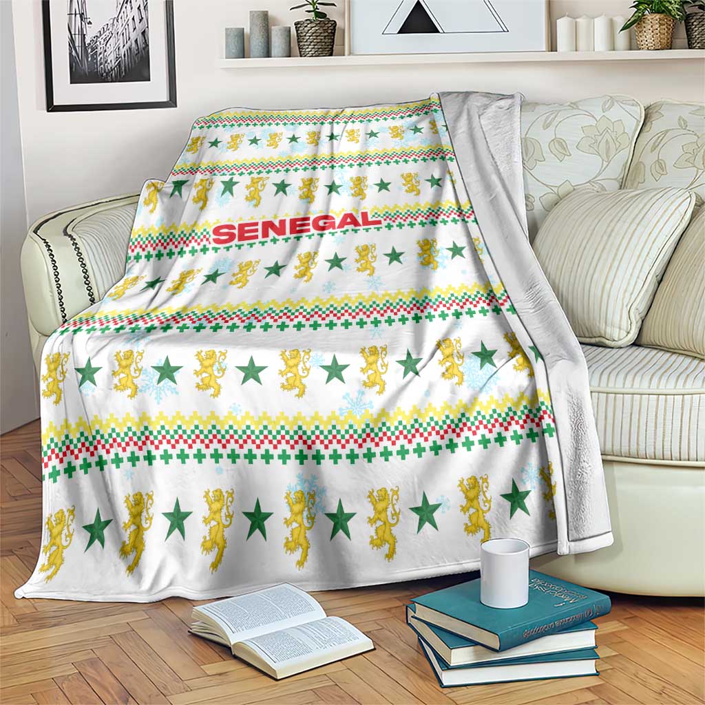 Senegal Christmas Blanket with White-Green-Yellow Design, Golden Lion, and Festive Stars Motif - Wonder Print Shop