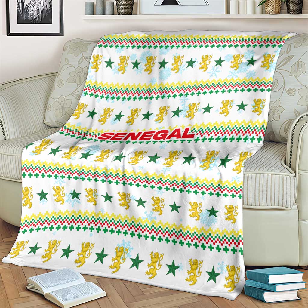 Senegal Christmas Blanket with White-Green-Yellow Design, Golden Lion, and Festive Stars Motif - Wonder Print Shop
