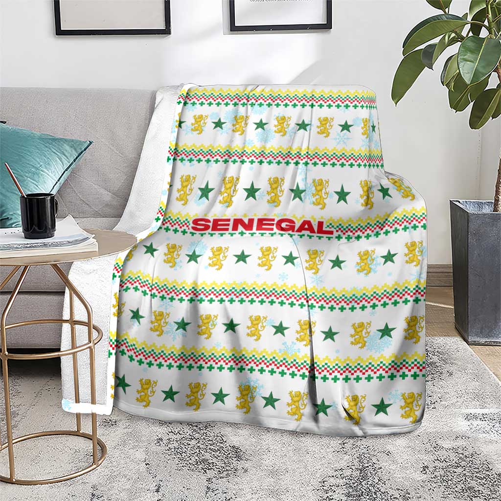 Senegal Christmas Blanket with White-Green-Yellow Design, Golden Lion, and Festive Stars Motif - Wonder Print Shop