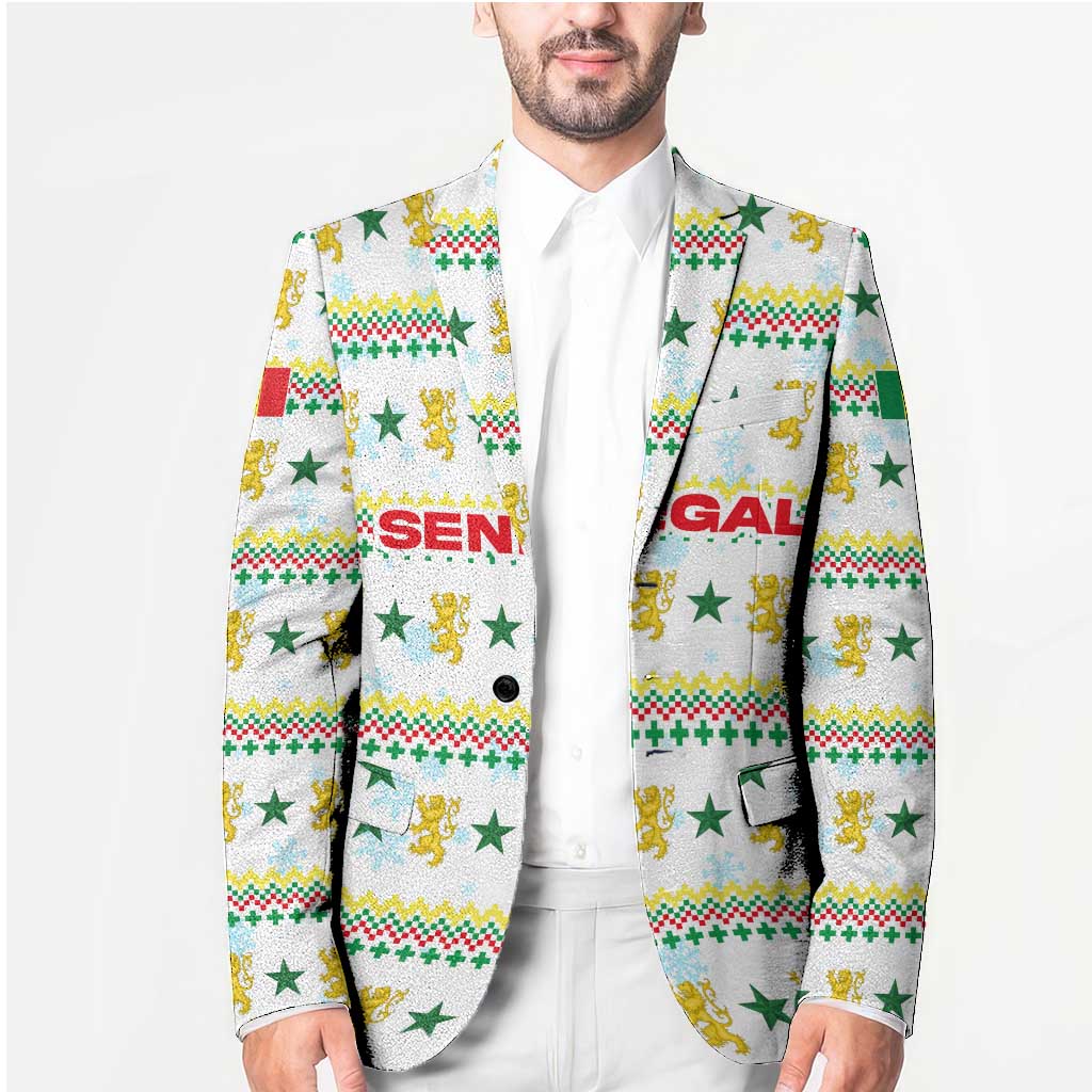 Senegal Christmas Blazer with White-Green-Yellow Design, Golden Lion, and Festive Stars Motif - Wonder Print Shop