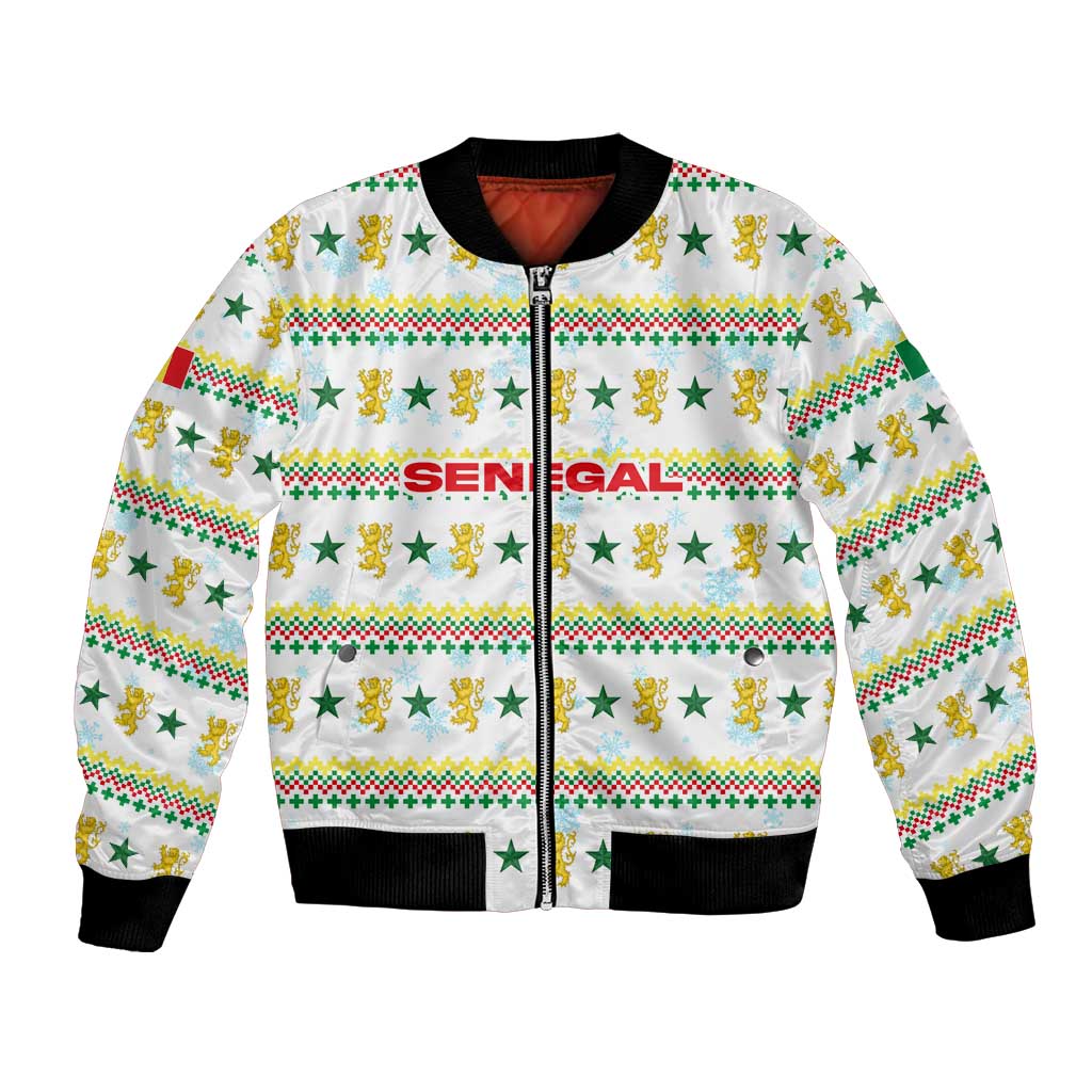 Senegal Christmas Bomber Jacket with White-Green-Yellow Design, Golden Lion, and Festive Stars Motif - Wonder Print Shop