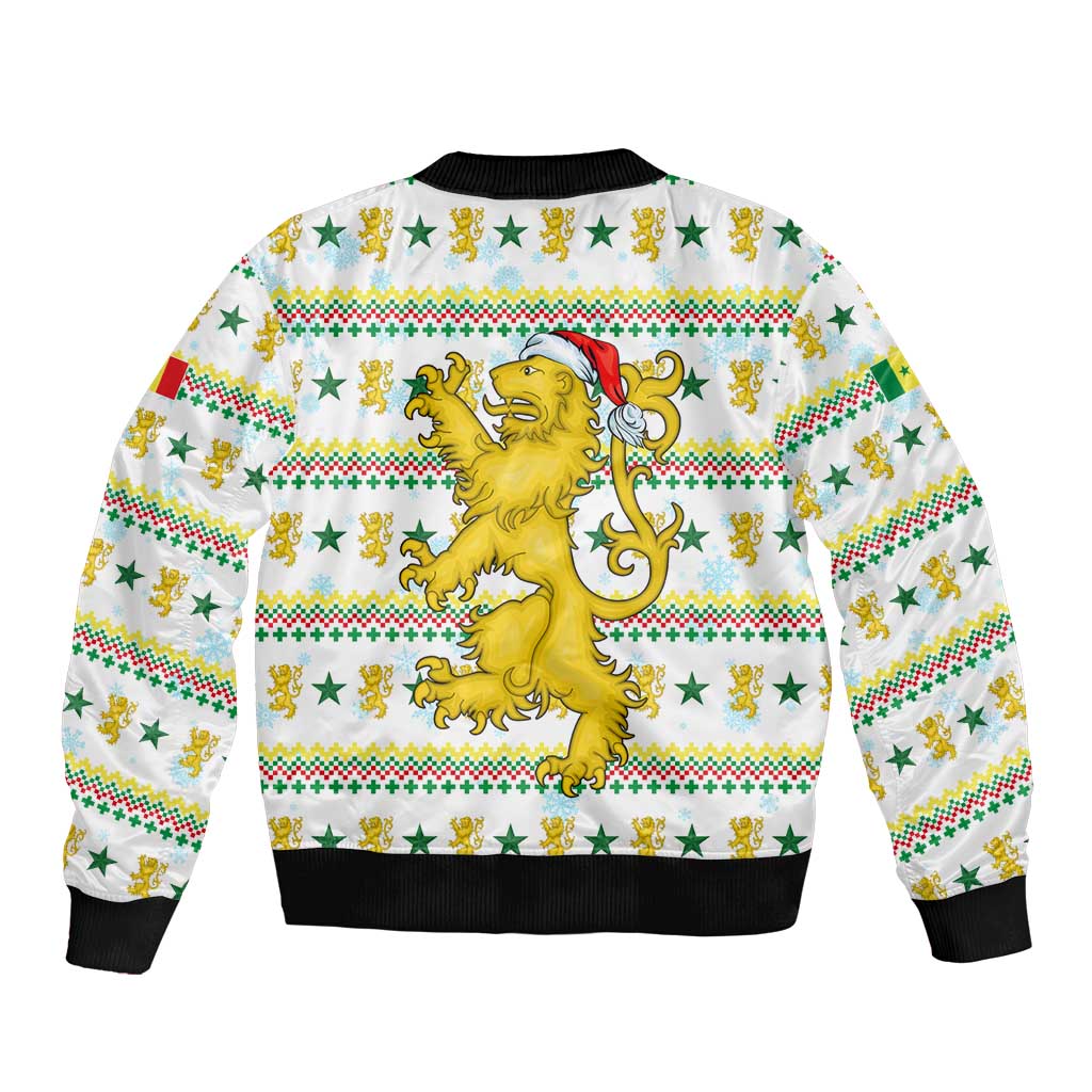 Senegal Christmas Bomber Jacket with White-Green-Yellow Design, Golden Lion, and Festive Stars Motif - Wonder Print Shop