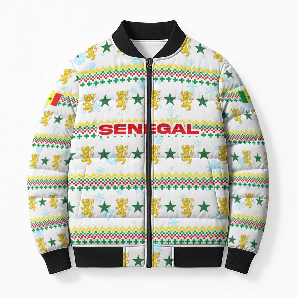 Senegal Christmas Bomber Puffer Jacket with White-Green-Yellow Design, Golden Lion, and Festive Stars Motif - Wonder Print Shop