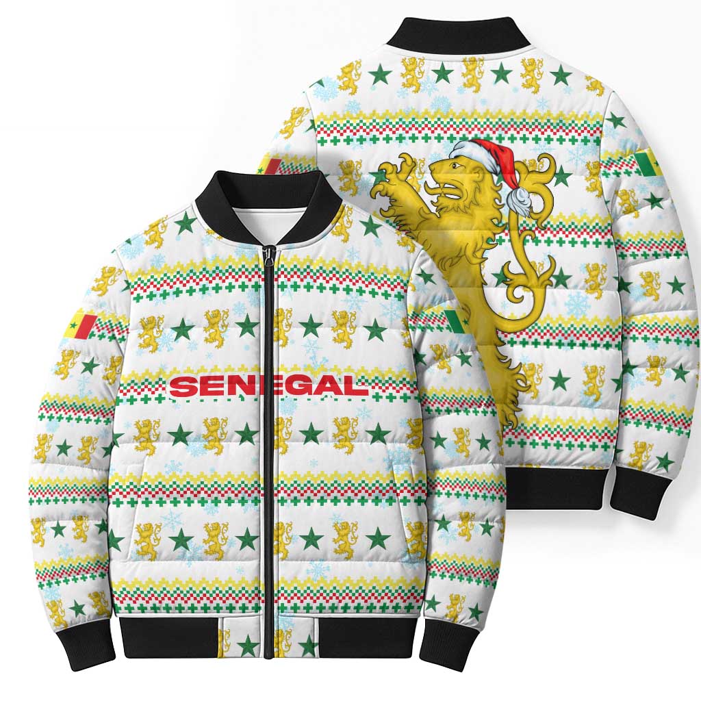 Senegal Christmas Bomber Puffer Jacket with White-Green-Yellow Design, Golden Lion, and Festive Stars Motif - Wonder Print Shop