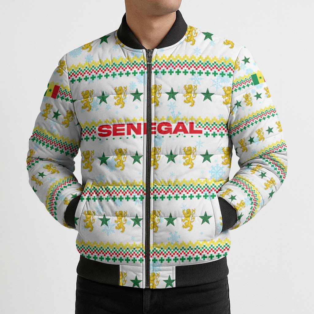Senegal Christmas Bomber Puffer Jacket with White-Green-Yellow Design, Golden Lion, and Festive Stars Motif - Wonder Print Shop