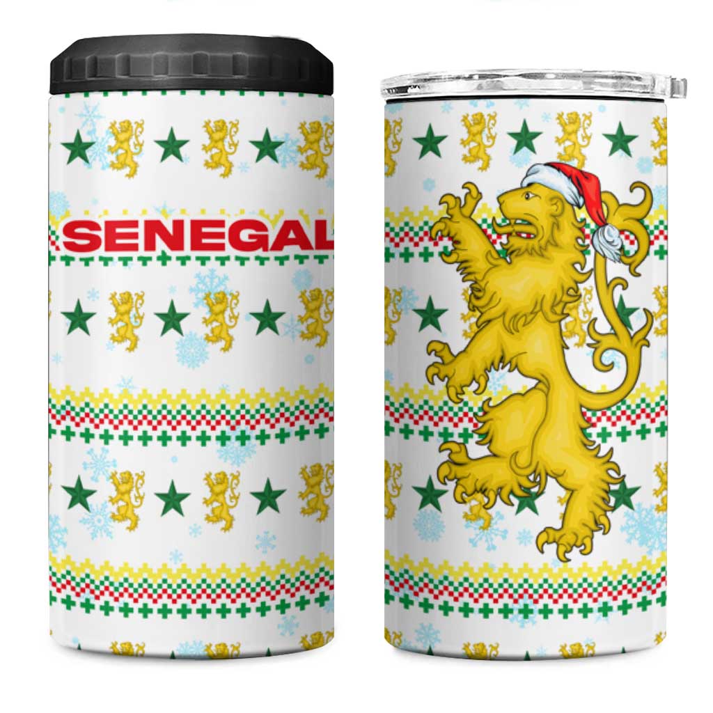 Senegal Christmas 4 in 1 Can Cooler Tumbler with White-Green-Yellow Design, Golden Lion, and Festive Stars Motif - Wonder Print Shop