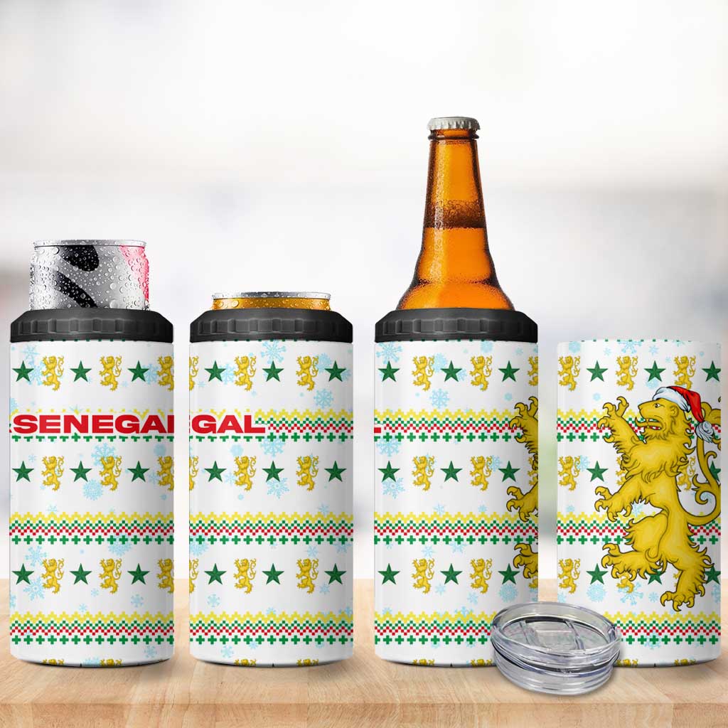 Senegal Christmas 4 in 1 Can Cooler Tumbler with White-Green-Yellow Design, Golden Lion, and Festive Stars Motif - Wonder Print Shop