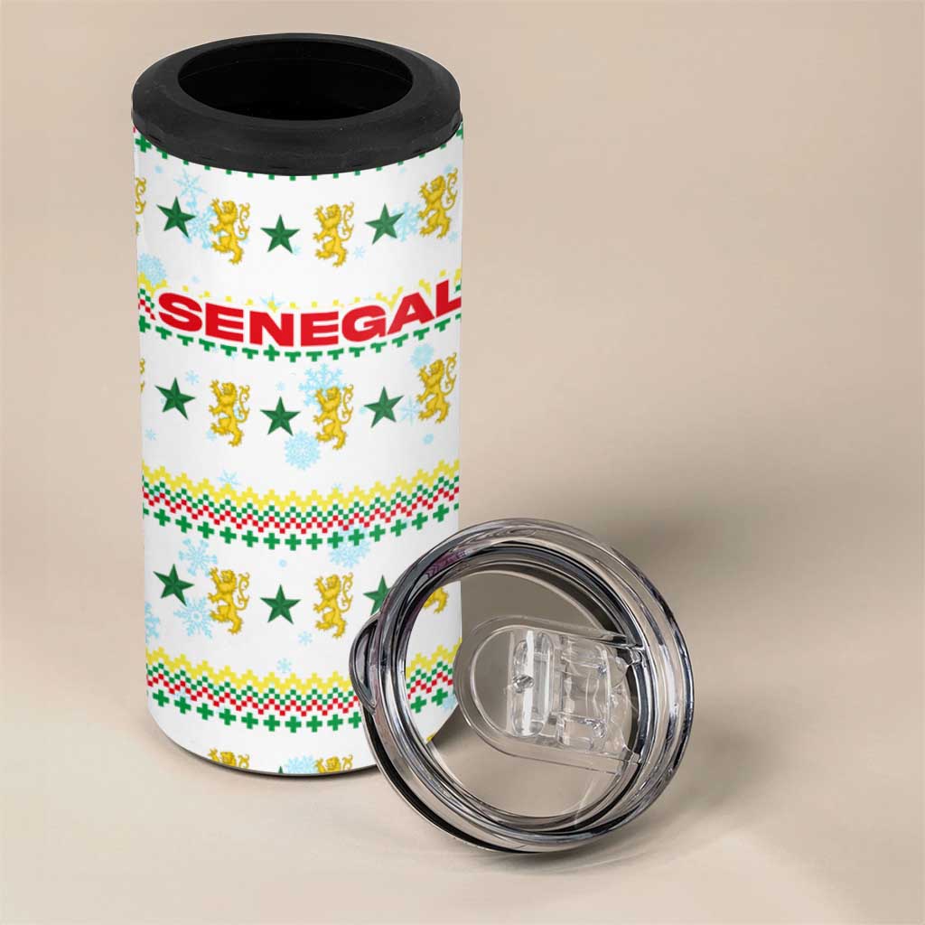 Senegal Christmas 4 in 1 Can Cooler Tumbler with White-Green-Yellow Design, Golden Lion, and Festive Stars Motif - Wonder Print Shop