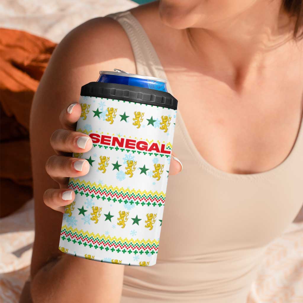 Senegal Christmas 4 in 1 Can Cooler Tumbler with White-Green-Yellow Design, Golden Lion, and Festive Stars Motif - Wonder Print Shop