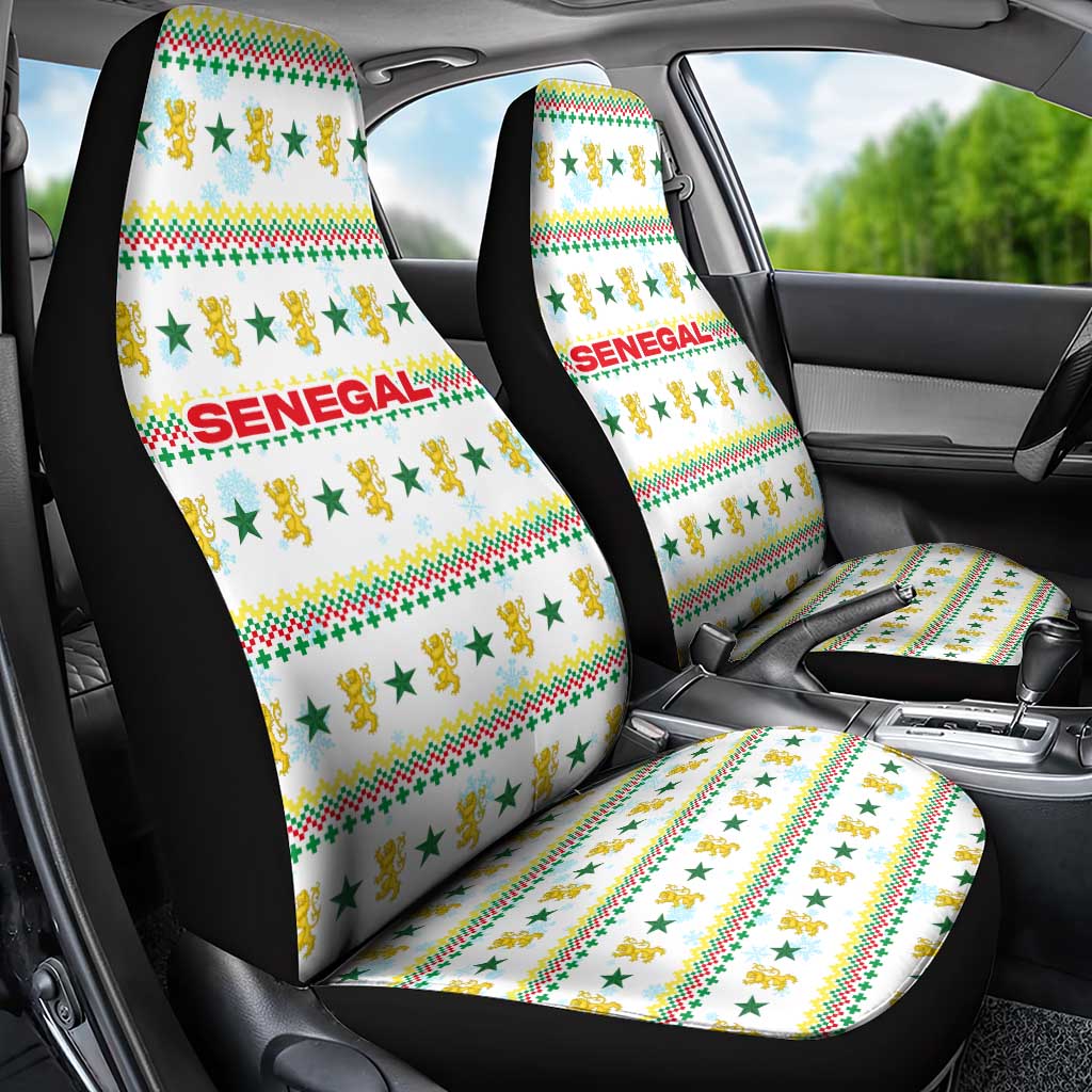 Senegal Christmas Car Seat Cover with White-Green-Yellow Design, Golden Lion, and Festive Stars Motif - Wonder Print Shop