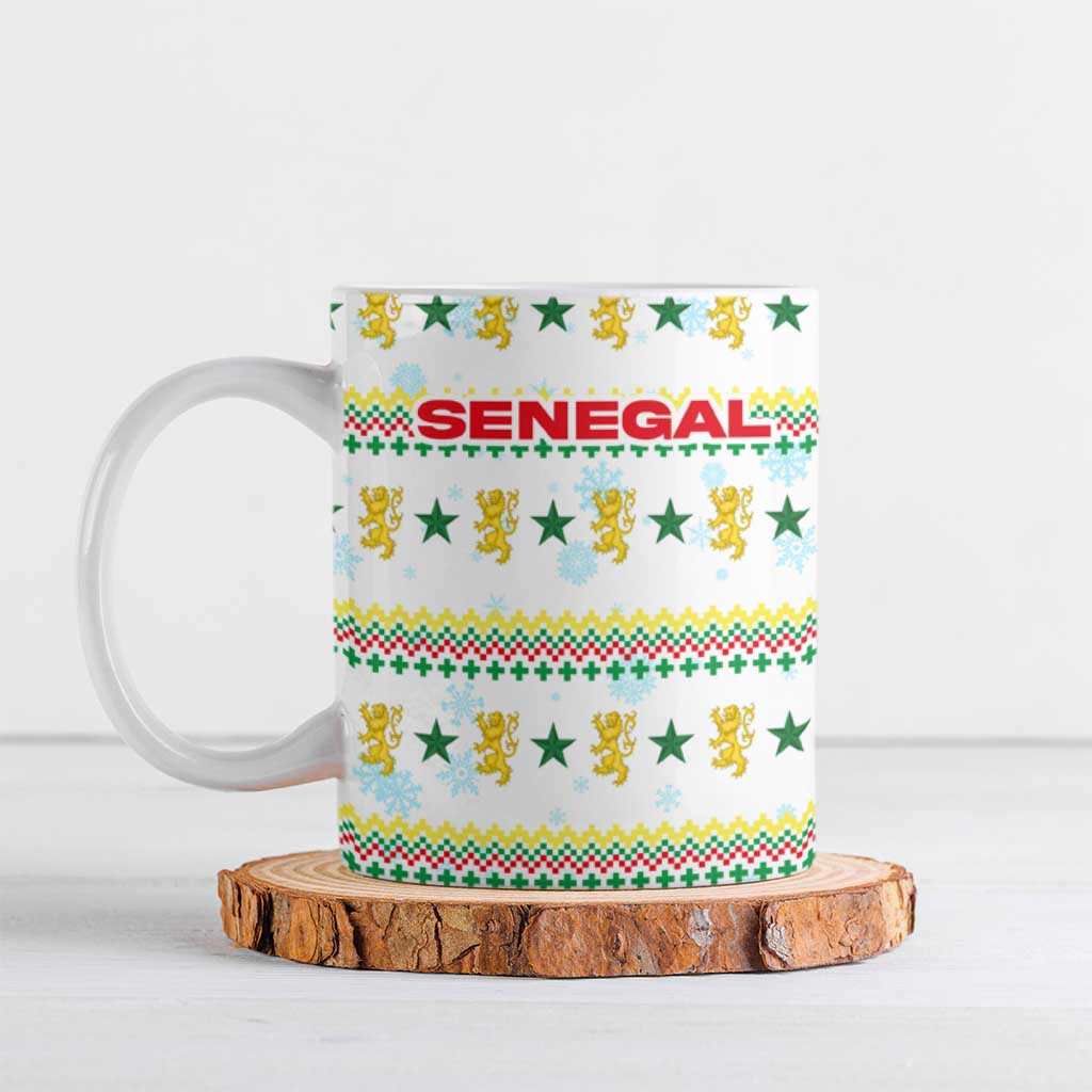 Senegal Christmas Ceramic Mug with White-Green-Yellow Design, Golden Lion, and Festive Stars Motif - Wonder Print Shop