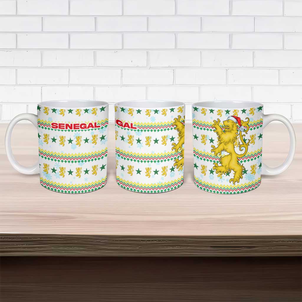 Senegal Christmas Ceramic Mug with White-Green-Yellow Design, Golden Lion, and Festive Stars Motif - Wonder Print Shop