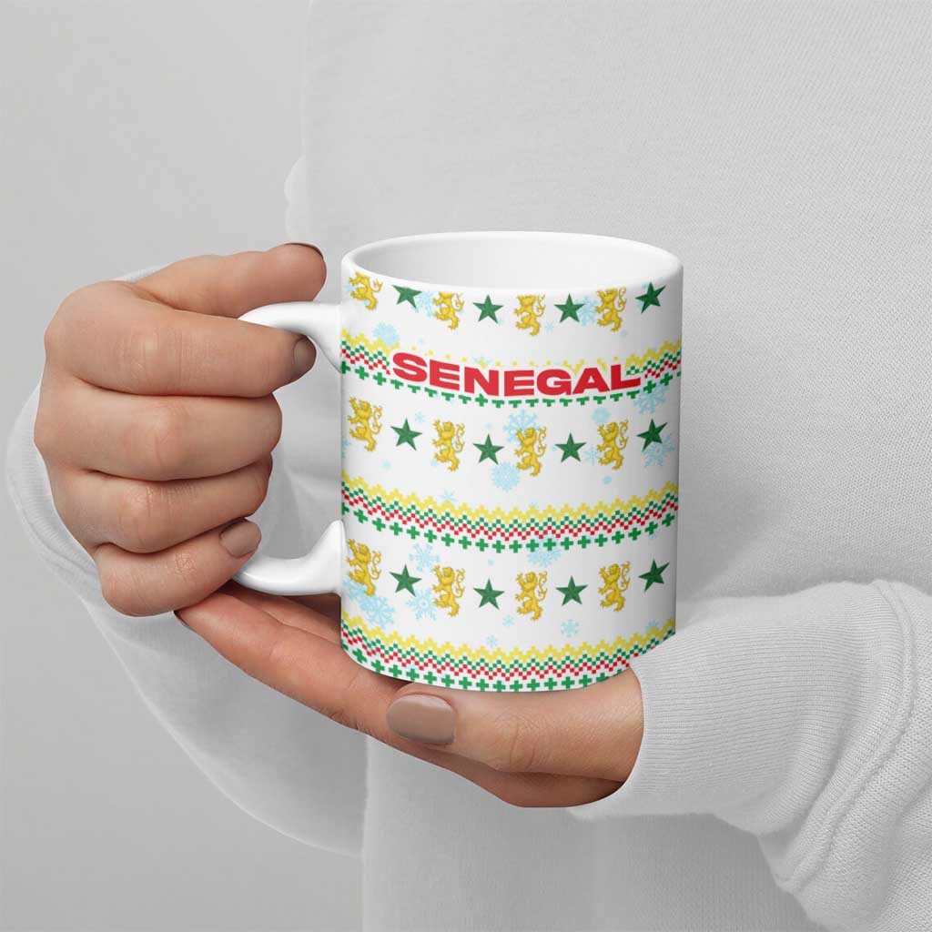 Senegal Christmas Ceramic Mug with White-Green-Yellow Design, Golden Lion, and Festive Stars Motif - Wonder Print Shop