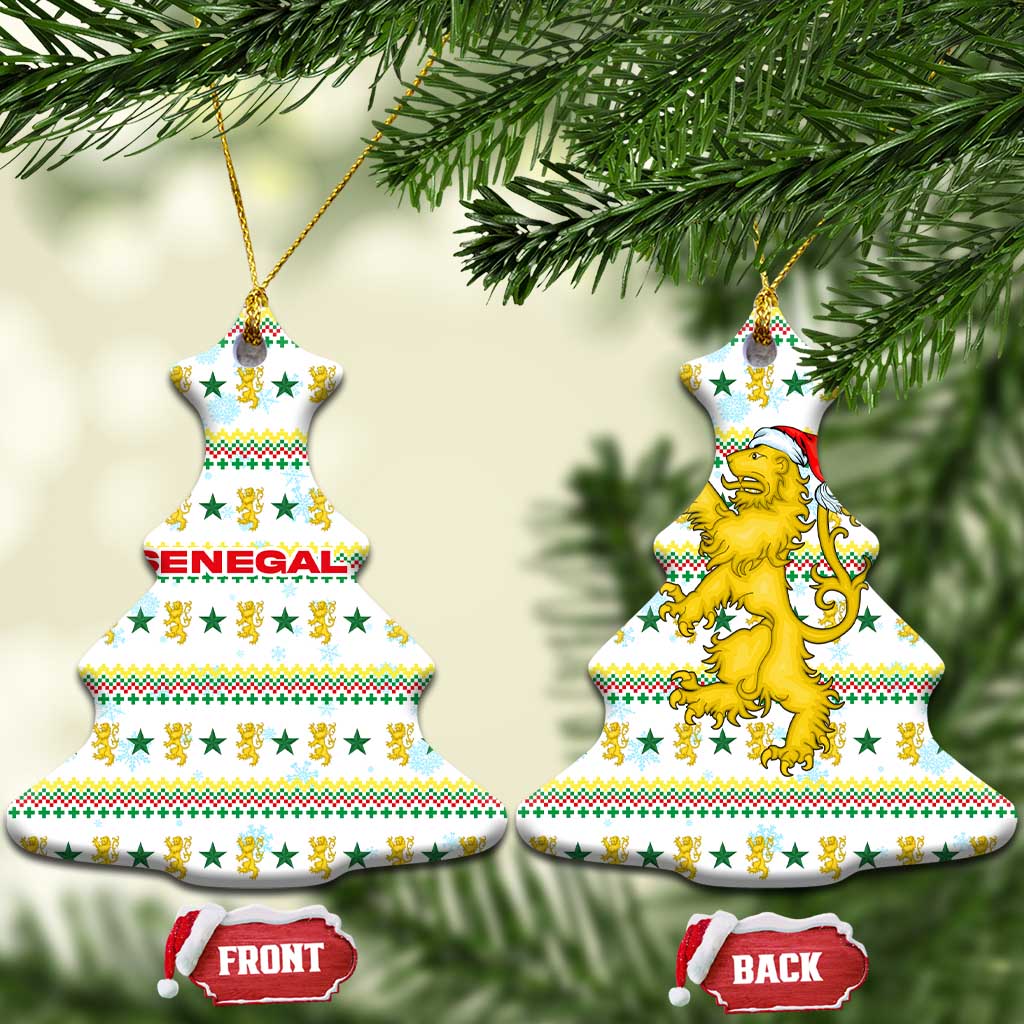 Senegal Christmas Ceramic Ornament with White-Green-Yellow Design, Golden Lion, and Festive Stars Motif - Wonder Print Shop