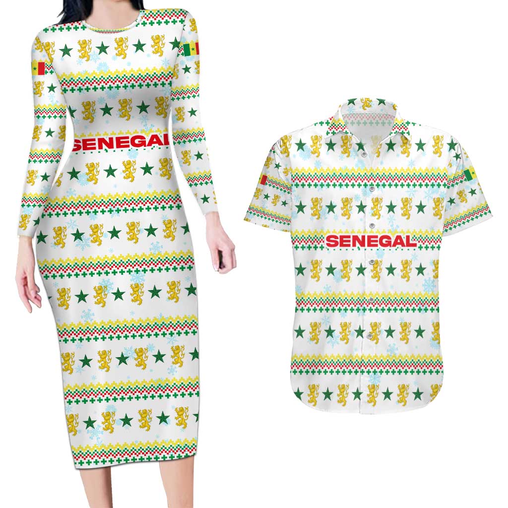 Senegal Christmas Couples Matching Long Sleeve Bodycon Dress and Hawaiian Shirt with White-Green-Yellow Design, Golden Lion, and Festive Stars Motif - Wonder Print Shop