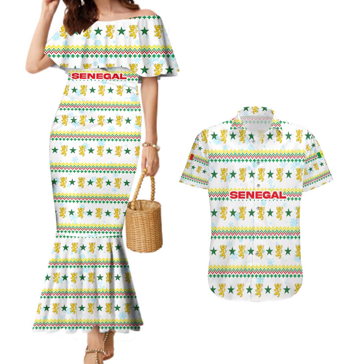 Senegal Christmas Couples Matching Mermaid Dress and Hawaiian Shirt with White-Green-Yellow Design, Golden Lion, and Festive Stars Motif - Wonder Print Shop