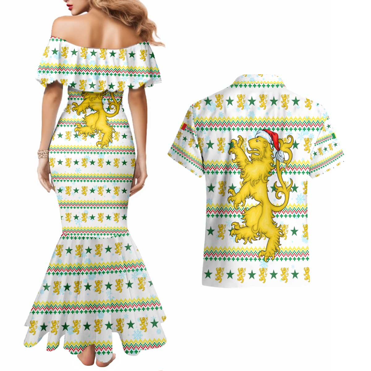 Senegal Christmas Couples Matching Mermaid Dress and Hawaiian Shirt with White-Green-Yellow Design, Golden Lion, and Festive Stars Motif - Wonder Print Shop