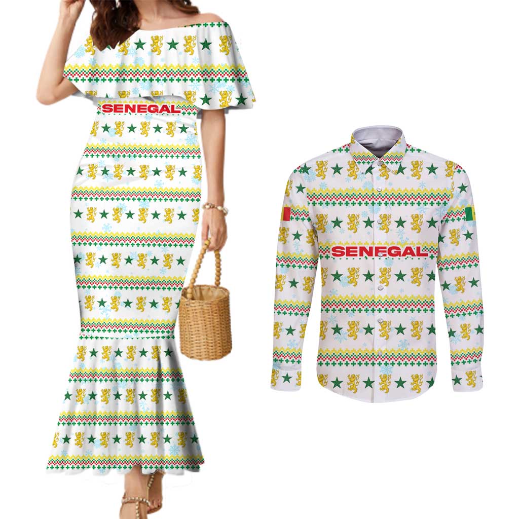 Senegal Christmas Couples Matching Mermaid Dress and Long Sleeve Button Shirt with White-Green-Yellow Design, Golden Lion, and Festive Stars Motif - Wonder Print Shop