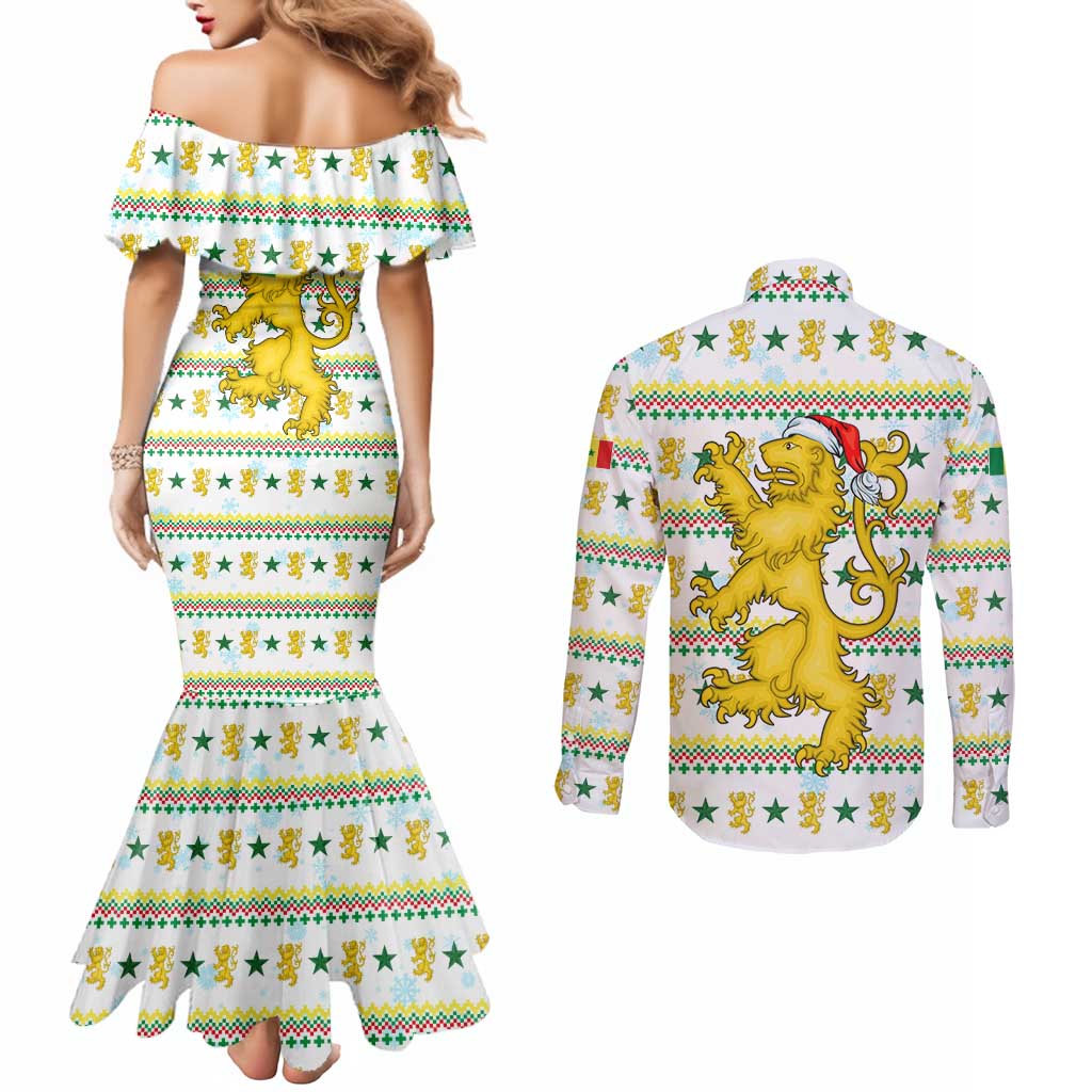 Senegal Christmas Couples Matching Mermaid Dress and Long Sleeve Button Shirt with White-Green-Yellow Design, Golden Lion, and Festive Stars Motif - Wonder Print Shop