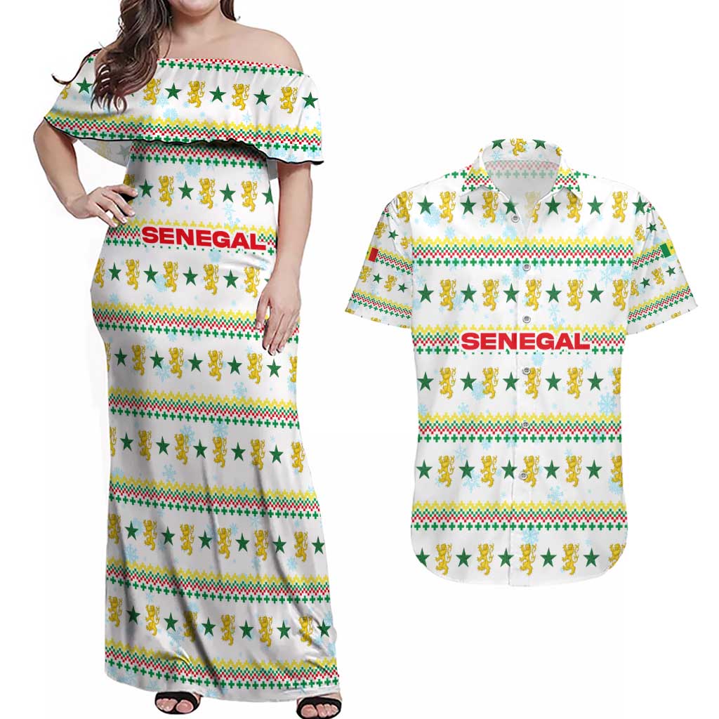 Senegal Christmas Couples Matching Off Shoulder Maxi Dress and Hawaiian Shirt with White-Green-Yellow Design, Golden Lion, and Festive Stars Motif - Wonder Print Shop