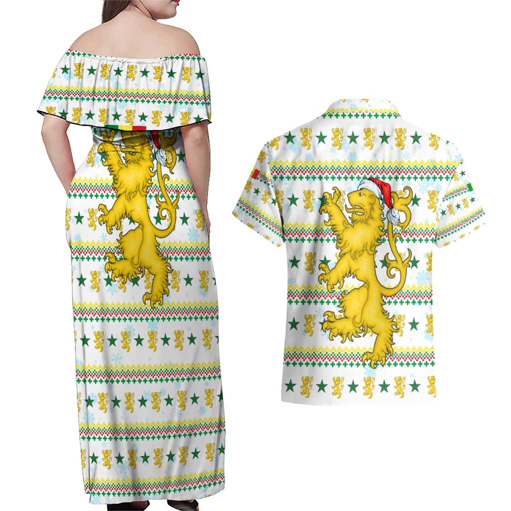 Senegal Christmas Couples Matching Off Shoulder Maxi Dress and Hawaiian Shirt with White-Green-Yellow Design, Golden Lion, and Festive Stars Motif - Wonder Print Shop