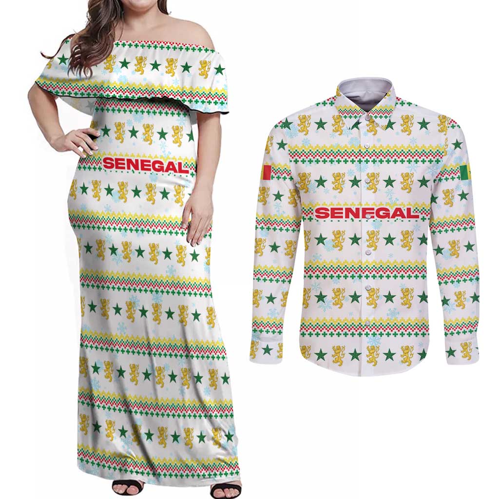 Senegal Christmas Couples Matching Off Shoulder Maxi Dress and Long Sleeve Button Shirt with White-Green-Yellow Design, Golden Lion, and Festive Stars Motif - Wonder Print Shop