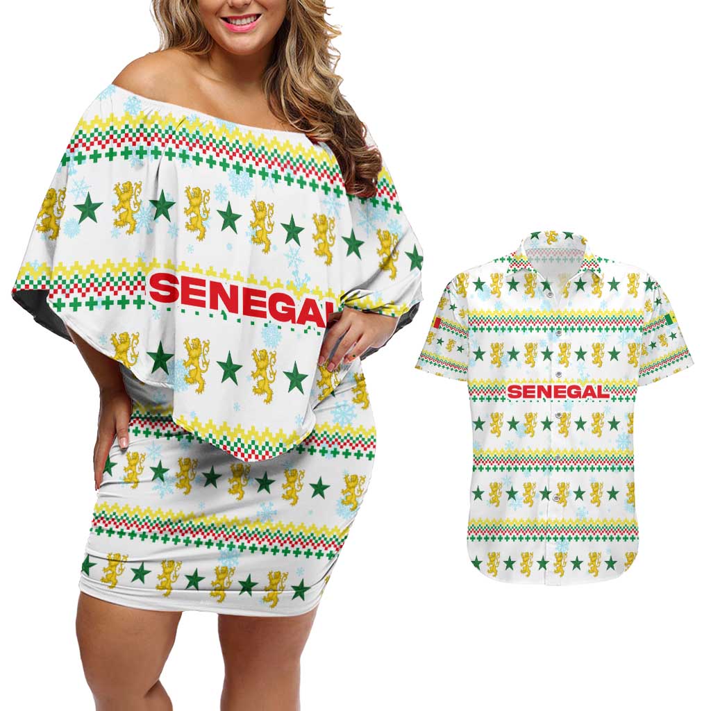 Senegal Christmas Couples Matching Off Shoulder Short Dress and Hawaiian Shirt with White-Green-Yellow Design, Golden Lion, and Festive Stars Motif - Wonder Print Shop