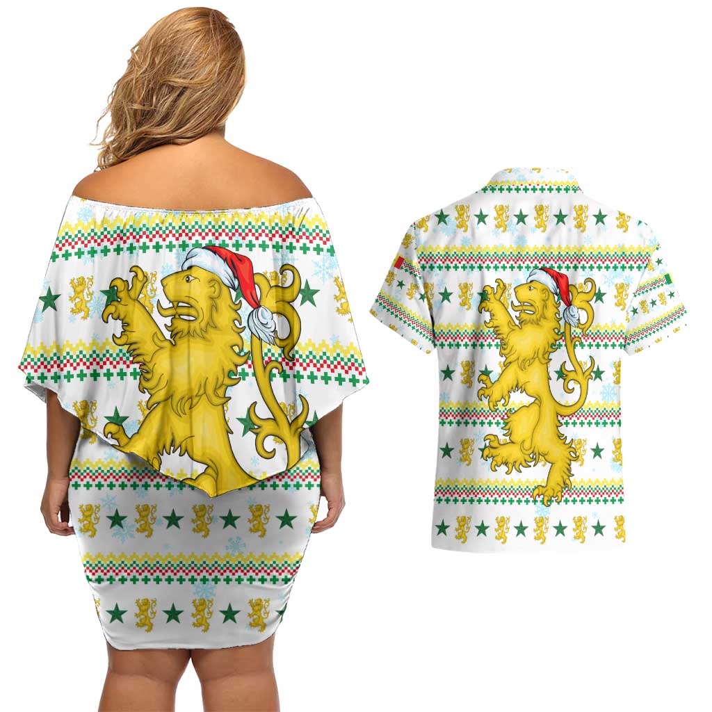 Senegal Christmas Couples Matching Off Shoulder Short Dress and Hawaiian Shirt with White-Green-Yellow Design, Golden Lion, and Festive Stars Motif - Wonder Print Shop