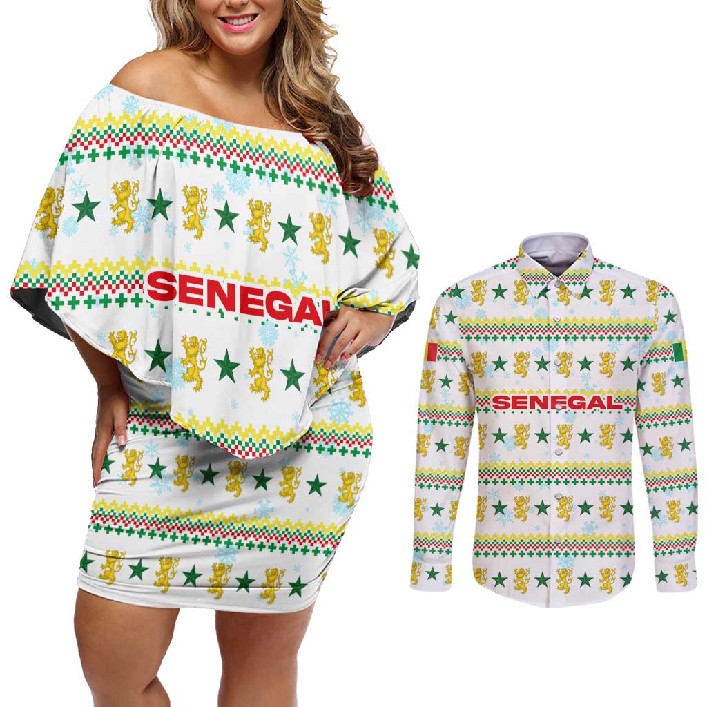 Senegal Christmas Couples Matching Off Shoulder Short Dress and Long Sleeve Button Shirt with White-Green-Yellow Design, Golden Lion, and Festive Stars Motif - Wonder Print Shop