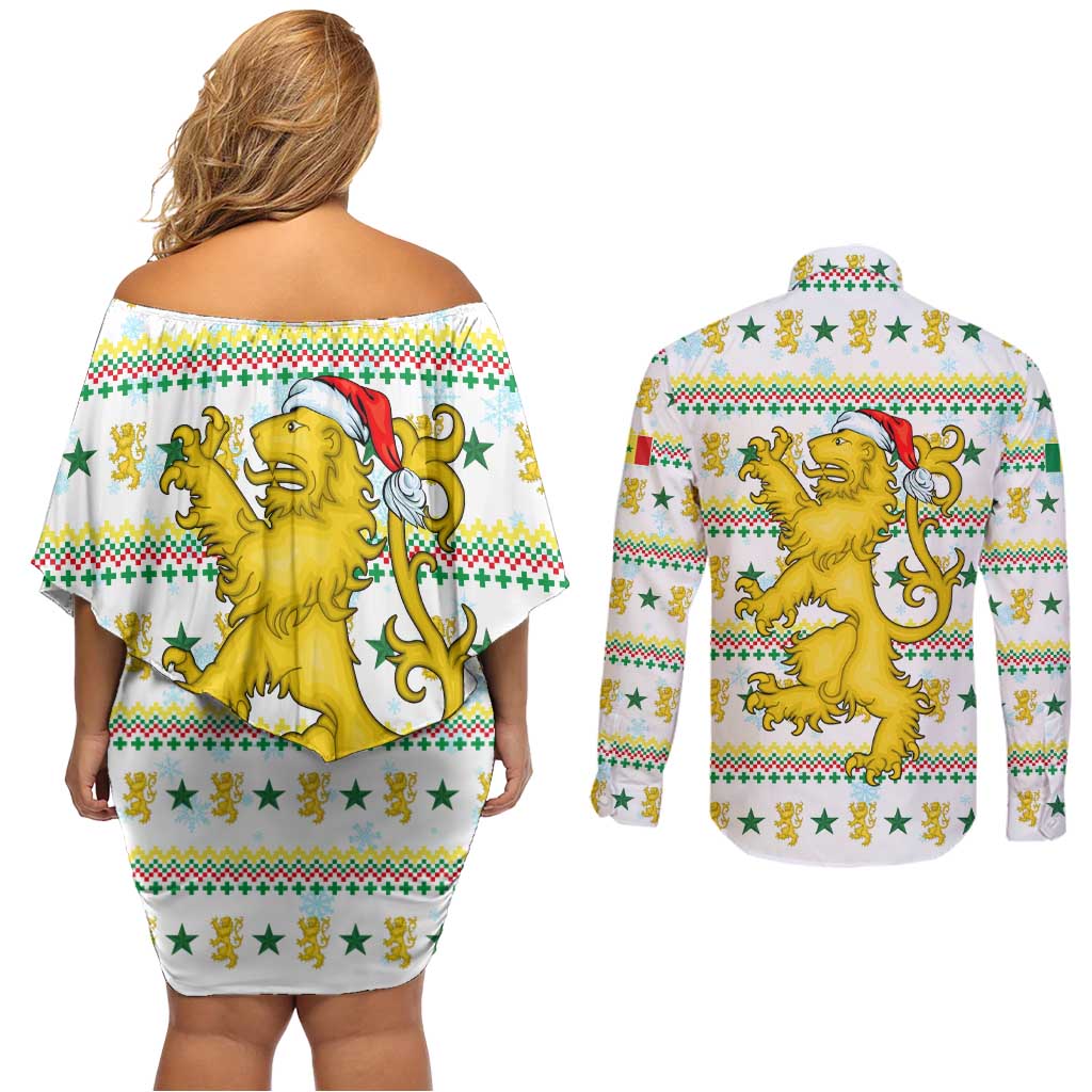 Senegal Christmas Couples Matching Off Shoulder Short Dress and Long Sleeve Button Shirt with White-Green-Yellow Design, Golden Lion, and Festive Stars Motif - Wonder Print Shop