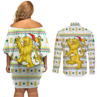 Senegal Christmas Couples Matching Off Shoulder Short Dress and Long Sleeve Button Shirt with White-Green-Yellow Design, Golden Lion, and Festive Stars Motif - Wonder Print Shop