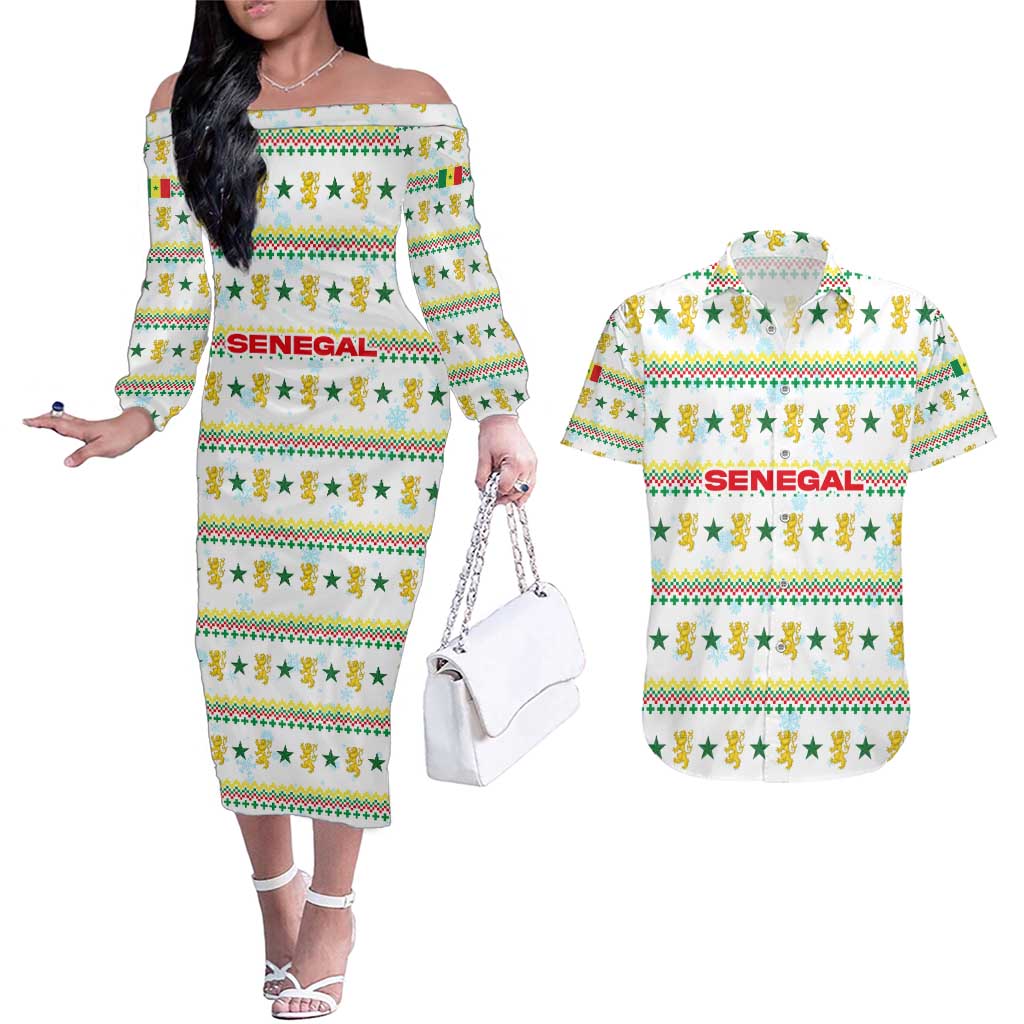 Senegal Christmas Couples Matching Off The Shoulder Long Sleeve Dress and Hawaiian Shirt with White-Green-Yellow Design, Golden Lion, and Festive Stars Motif - Wonder Print Shop