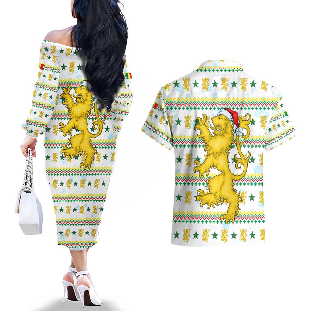 Senegal Christmas Couples Matching Off The Shoulder Long Sleeve Dress and Hawaiian Shirt with White-Green-Yellow Design, Golden Lion, and Festive Stars Motif - Wonder Print Shop