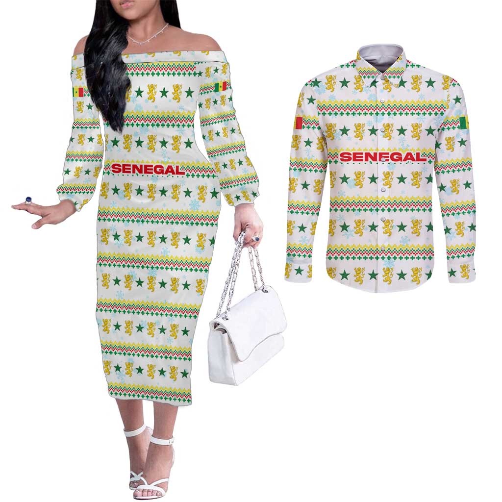 Senegal Christmas Couples Matching Off The Shoulder Long Sleeve Dress and Long Sleeve Button Shirt with White-Green-Yellow Design, Golden Lion, and Festive Stars Motif - Wonder Print Shop
