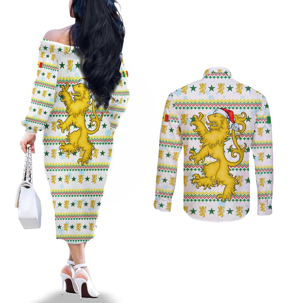 Senegal Christmas Couples Matching Off The Shoulder Long Sleeve Dress and Long Sleeve Button Shirt with White-Green-Yellow Design, Golden Lion, and Festive Stars Motif - Wonder Print Shop