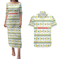 Senegal Christmas Couples Matching Puletasi and Hawaiian Shirt with White-Green-Yellow Design, Golden Lion, and Festive Stars Motif - Wonder Print Shop