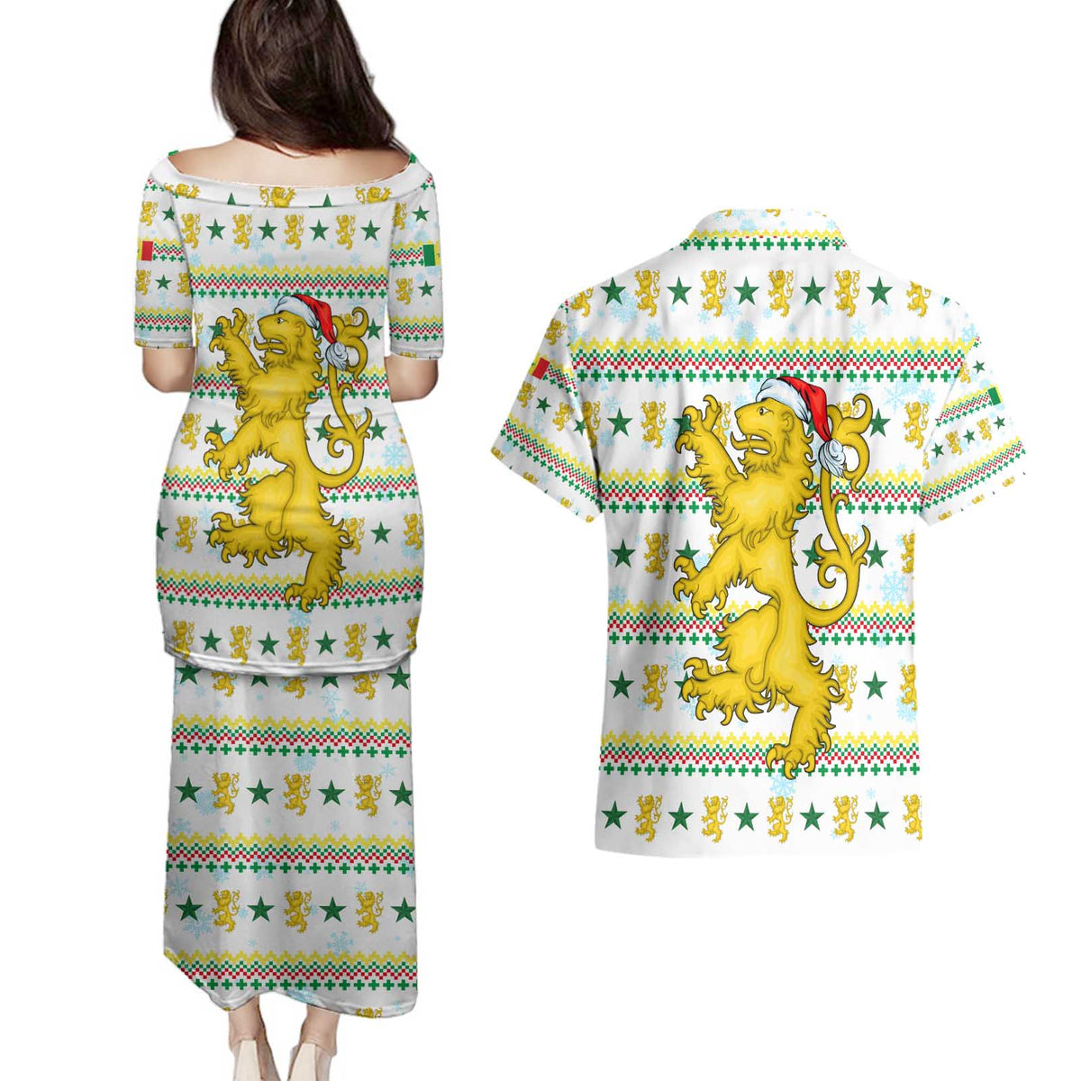 Senegal Christmas Couples Matching Puletasi and Hawaiian Shirt with White-Green-Yellow Design, Golden Lion, and Festive Stars Motif - Wonder Print Shop