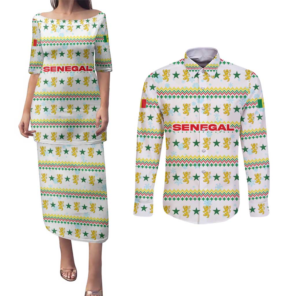 Senegal Christmas Couples Matching Puletasi and Long Sleeve Button Shirt with White-Green-Yellow Design, Golden Lion, and Festive Stars Motif - Wonder Print Shop